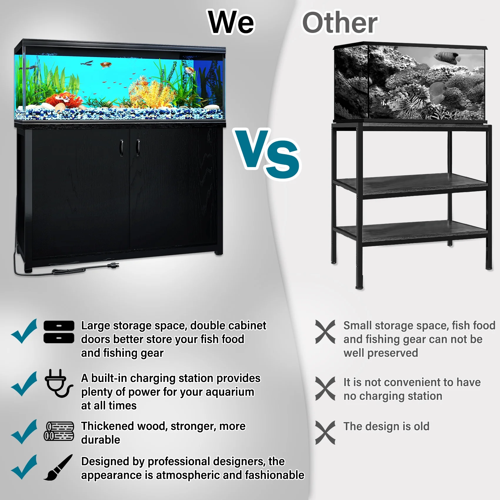 TC-HOMENY 55-75 Gallon Aquarium/Fish Tank Stand with Cabinet and Charging Station/Power Outlets, Black
