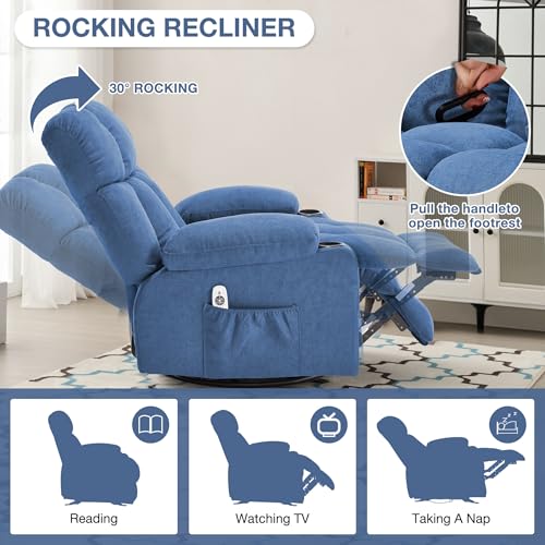 Massage Rocker Recliner Chair with Heat and Vibration Ergonomic Rocking Lounge Chair for Living Room Comfy Overstuffed Recliner with 4 Side Pockets,2 Cup Holders, USB Charge Port, Grey