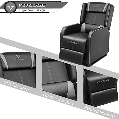 VITESSE Gaming Recliner Chair Racing Style Single Ergonomic Lounge Sofa Modern PU Leather Reclining Home Theater Seat for Living Gaming Room (Grey).