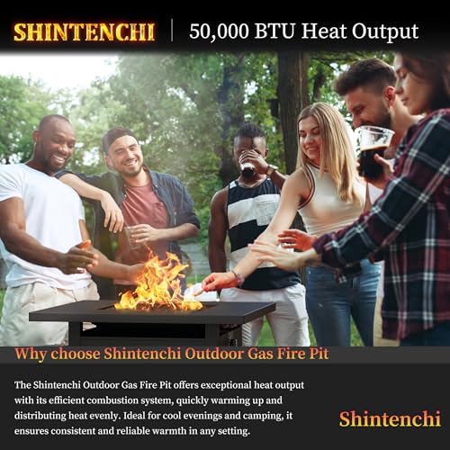 Shintenchi Propane Fire Pits 28 Inch Outdoor Gas Fire Pit, 50,000 BTU Steel Fire Table with Lid and Lava Rock, CSA-Certified Propane Fire Pit Outdoor/Patio with Rattan Pattern Steel Base/Lid, Black