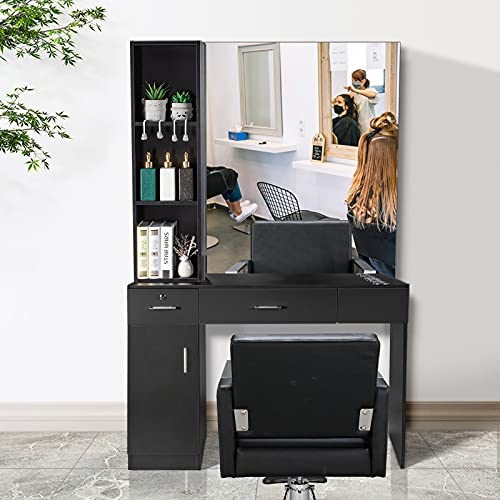 Barber Station Wall Mount Salon Hair Styling Beauty Spa Equipment w/Mirror, 2 Drawers, 1 Storage Cabinet, 3 Open Shelves (Black)