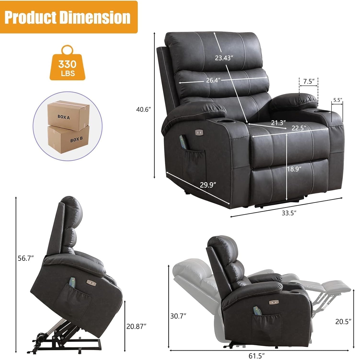 Power Lift Recliner Chair with Heat and Massage for Elderly, Electric Recliner Chairs with Standing Assistance, 2 Cup Holders, 2 Side Pockets, USB Charge Port, Breathable Leather