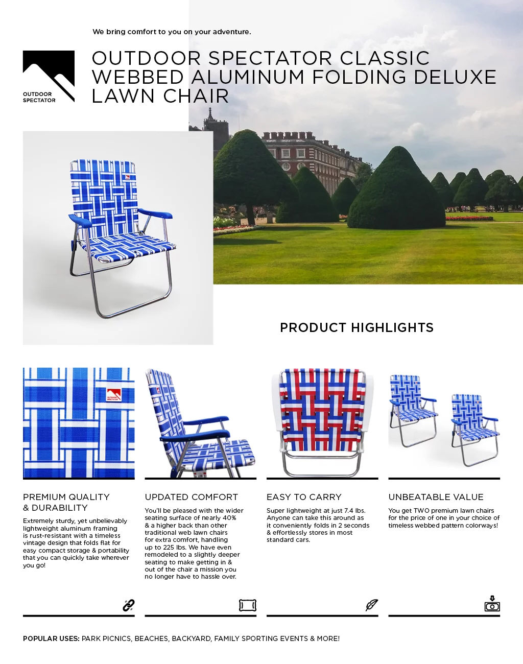 Outdoor Spectator (2-Pack) Classic Aluminum Webbed Folding Lawn / Camp Chair