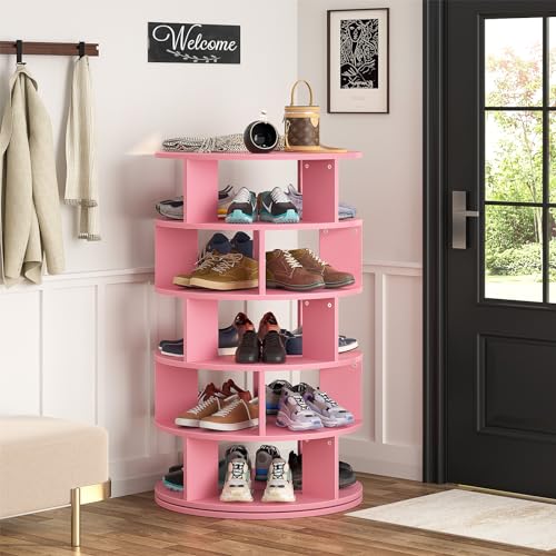 Aheaplus Rotating Shoe Rack, 5-Tier Wood Shoe Organizer for Closet, 360° Spinning Shoe Rack Tower Space-Saving Shoe Storage Shelf for Entryway, Garage, Bedroom, Pink