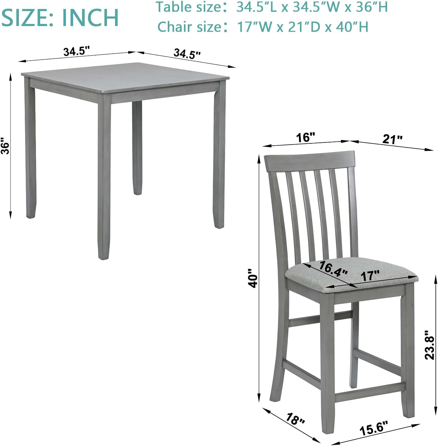5 Piece Counter Height Dining Table Set for 4, Farmhouse Kitchen Table Set with 4 Vertical Back Upholsterd Chair, Space Saving High Top Table and Chair for Dining room, Kitchen, Pub (Dove Gray)