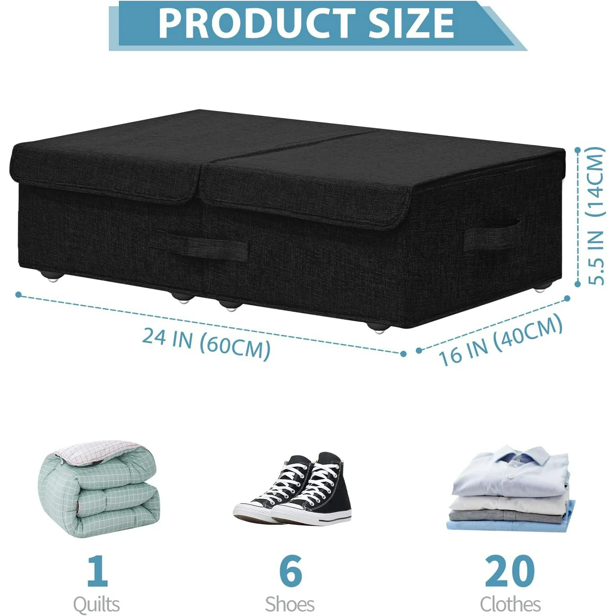 Under Bed Storage Container with Wheels, 2 Pack 5.5 High Deep Underbed Rolling Box Storage Bins Drawers with Lids for Bedroom, Dorms, Clothes, Shoes, Blankets, No Assemble Required, Black