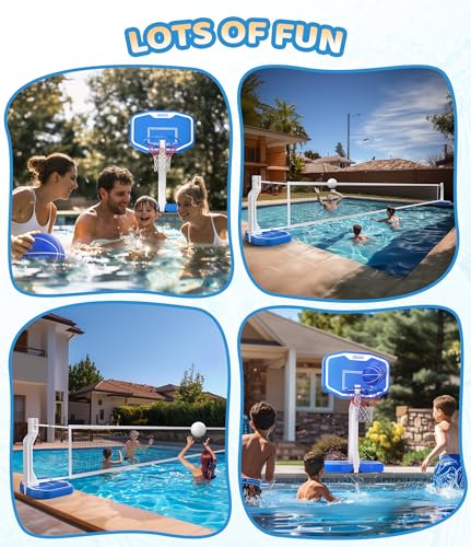 2 in 1 Swimming Pool Basketball & Volleyball Game Set,includes Poolside Hoop, Balls, Net, and Pump,Ideal for Ages 6+ Kids/Adults,Suitable for All Inground Swimming Pools-BLUE