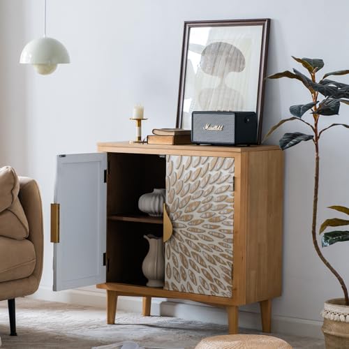 Farmhouse Sideboard with Leaf Design Doors, Decorative Storage Cabinet Freestanding Buffet Sideboard Credenza with Wood Legs for Living Room, Kitchen, Dining, Office and Entryway