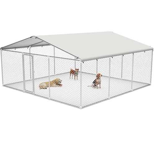 7.8x7.8 FT Extra Large Outdoor Dog Kennel Outside, Heavy Duty Dog Enclosure with Waterproof Cover and Security Lock, Galvanized Chain Link Dog Cage for Large Dogs