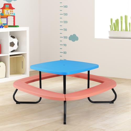KOTEK 8-Person Kids Picnic Table, Toddler Activity Table with Removable Umbrella, 4 Built-in Benches, HDPE Top & Metal Frame, Kids Outdoor Table for Patio Garden Backyard (Blue+Red)
