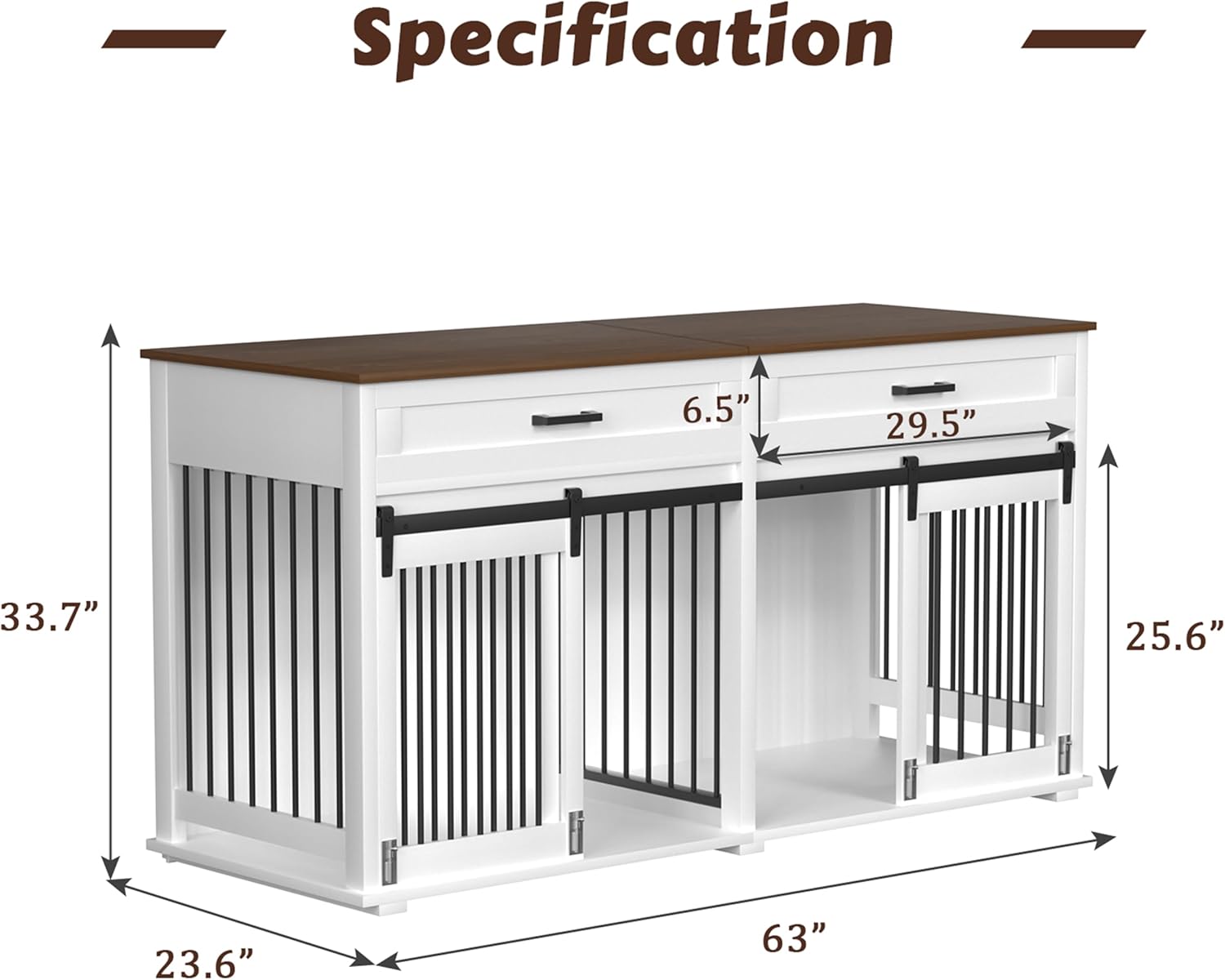 VEIKOU Dog Crate Furniture with 2 Storage Drawers, 2-in-1 Double Dog Kennel Furniture for Large Medium Small Dogs, Wooden Dog House Indoor with Removable Divider, Wide Tabletop for TV Stand, White