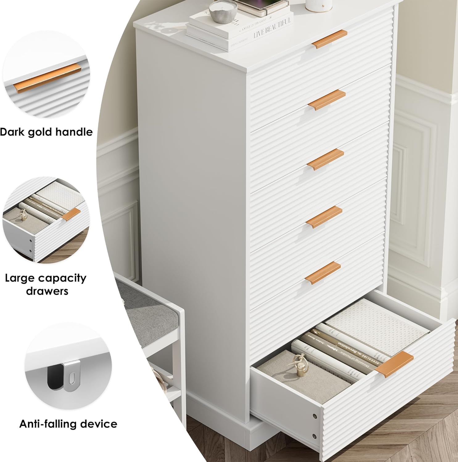6 Drawer Dresser, Tall White Dresser with Large Storage Space, Modern Chest of Drawers with Handles, 6 Large Capacity Vertical Dressers for Home & Office