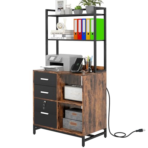 File Cabinet with Charging Station, 3 Drawer Filing Cabinet with Bookshelf, Large Printer Stand with Open Storage Shelves for Home Office, Locking File Cabinets Fits Letter/A4 Size, Brown