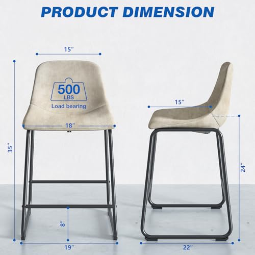 Rfiver Counter Height Bar Stools Set of 2, Counter Stool with Back, Modern Faux Leather Barstools with Metal Legs and Footrest, Dining Chairs for Home Kitchen Island, Support 500 lbs, Grey