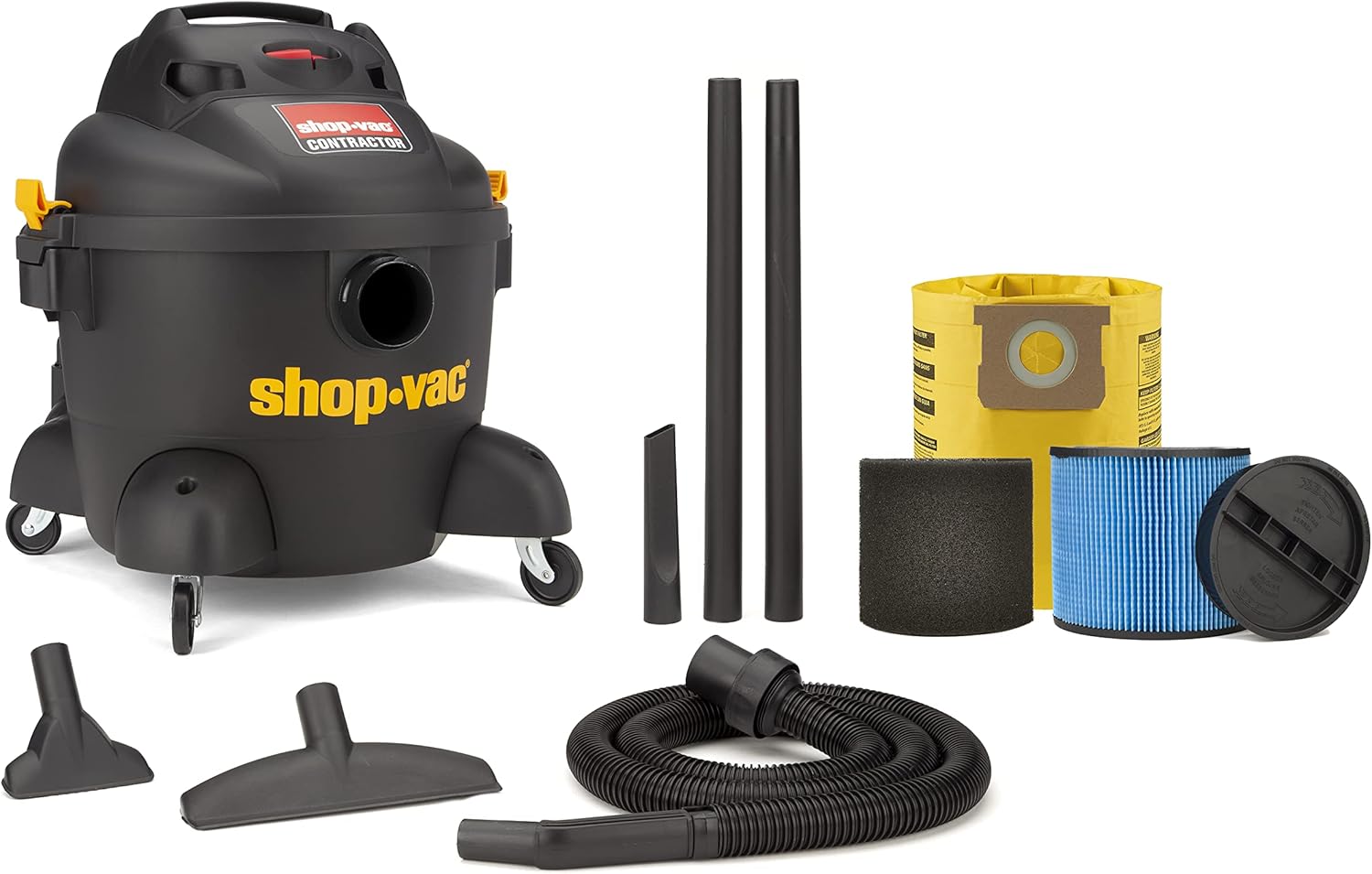 Shop-Vac 9653606 Contractor Wet Dry Vacuum, 6 Gallon, 1-1/4 Inch x 8 Foot Hose, 70 CFM, (1-Pack)