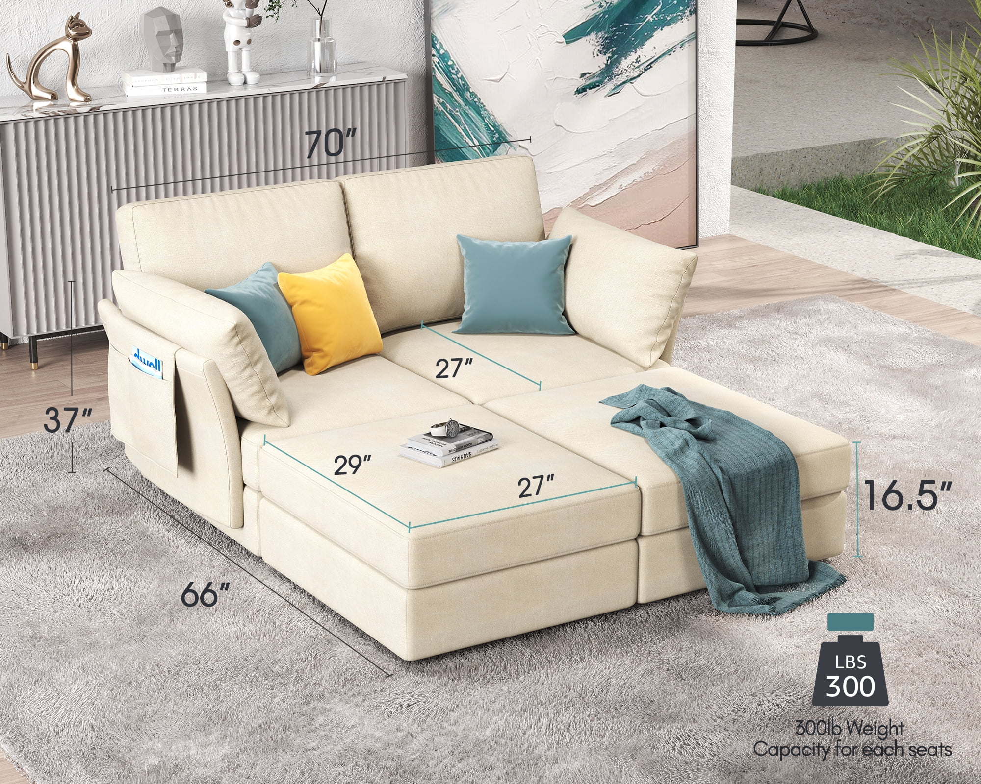 AMERLIFE 70 Inches Modular Sectional Sofa, Oversized Sectional Sofa with Storage, Ottomans, 4 Seats Couch for Living Room- Beige Chenille