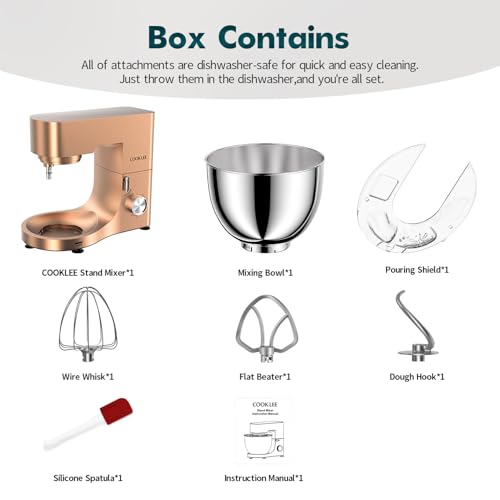 COOKLEE Stand Mixer, 9.5 Qt. 660W Electric Kitchen Mixer with Dishwasher-Safe Dough Hooks, Flat Beaters, Wire Whip & Pouring Shield Attachments for Most Home Cooks, Silver