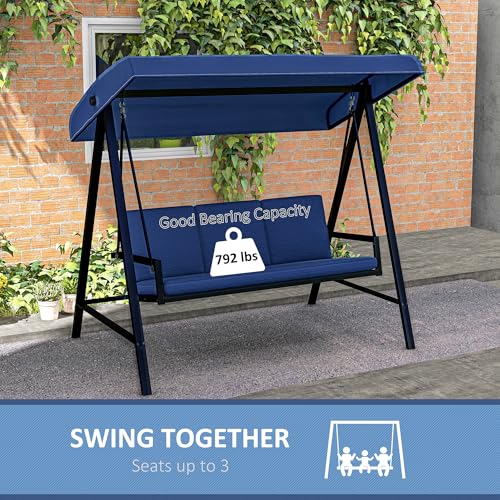 Outsunny 3-Seat Outdoor Porch Swing with Stand, Heavy Duty Patio Swing Chair with Adjustable Canopy, Removable Cushions, Breathable Mesh Seat for Garden, Backyard, and Poolside, Beige