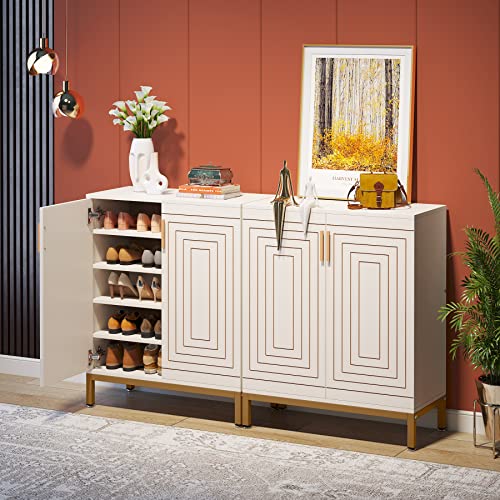 Shoe Cabinet with Doors, 20 Pairs Entryway Shoe Storage Cabinet Modern Storage Organizer for Closet, Living Room, Bedroom (White/Gold)