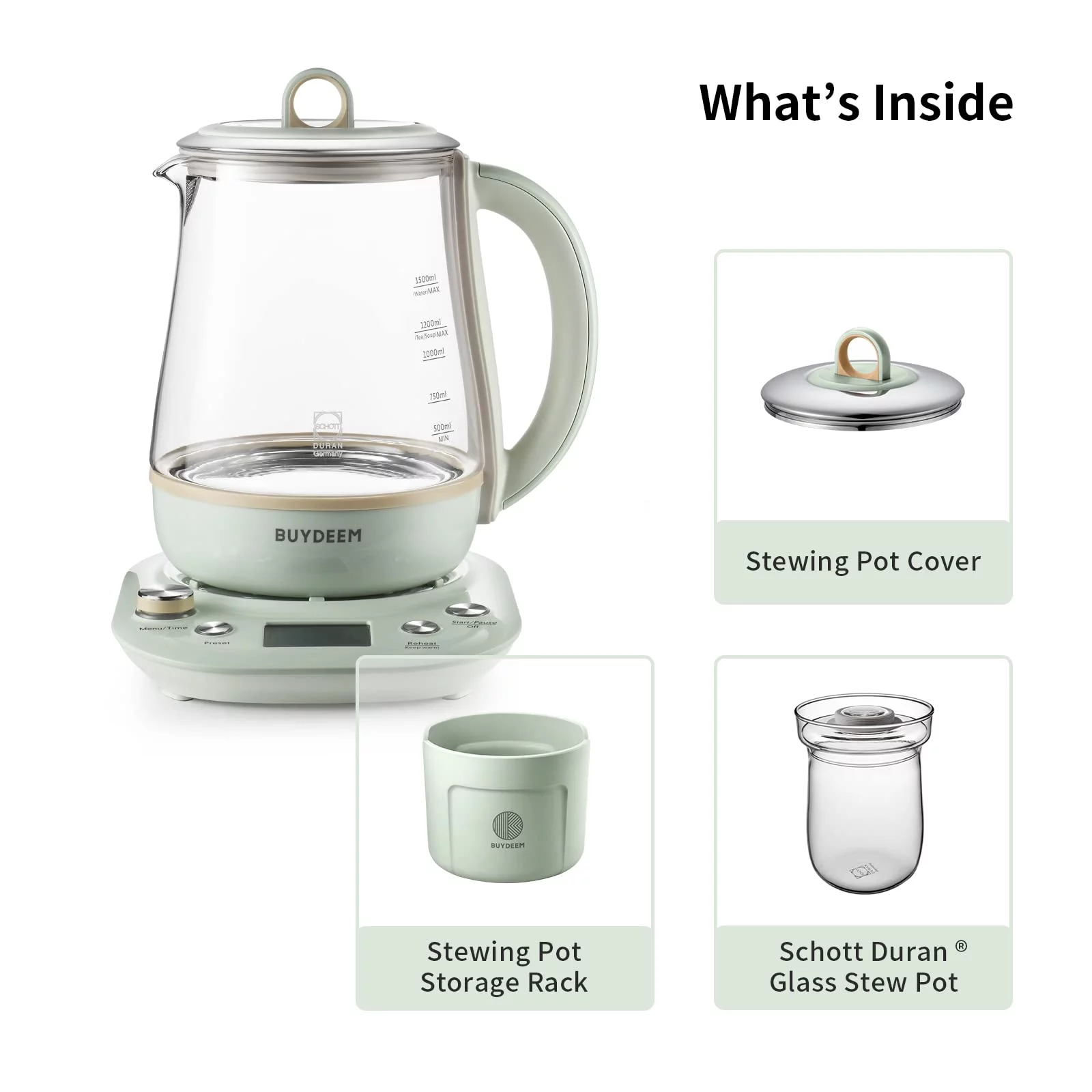 BUYDEEM Health Pot K2763 Lite, Glass Electric Kettle for Tea & Coffee, Water Boiler with Stew Pot, Temperature Control, Green, 1.5L