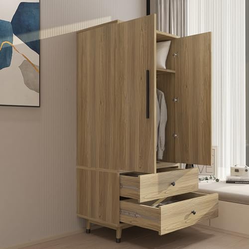 4 Door Armoire Wardrobe Closet Cabinet with 2 Drawers, Wood Bedroom Wardrobe Cabinet with Adjustable Shelves and Hanging Rod, Large Capacity Storage Wardrobe Armoire for Bedroom (Oak 3)