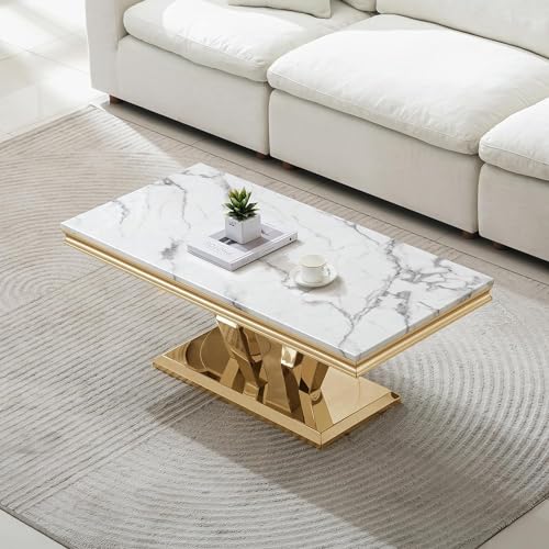 4 Piece Living Room Table Set, Faux Marble Coffee Table, Gold Console Table and 2 Gold End Tables, Rectangular Luxury Gold Coffee Table Set of 4 with Stainless Steel Diamond-Shaped Base