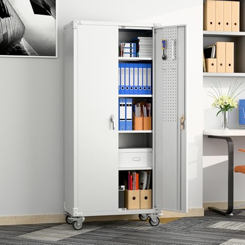 73" H Metal Storage Cabinet with Wheels, Garage Storage Cabinet with 4 Adjustable Shelves and Lockable Doors for Garage Home Office Utility Room,Required Assembly,Black