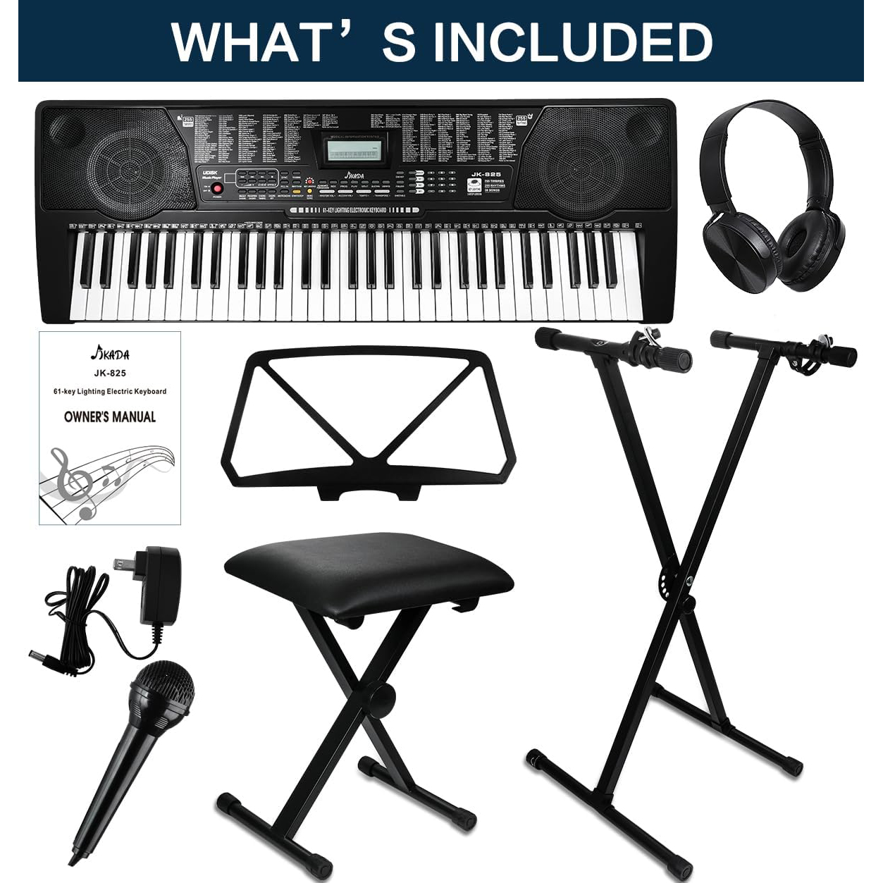 61 Key Portable Electronic Keyboard Piano w/Lighted Full Size Keys, LCD, Headphones, X-Stand, Stool, Music Rest, Microphone, Note Stickers, Built-In Speakers,3 Teaching Modes