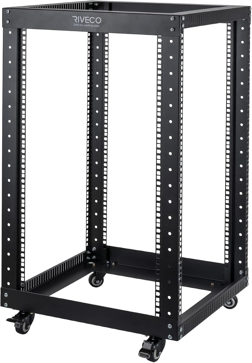 RIVECO 9U Open Frame Server Rack with Casters- Heavy Duty 4 Post Quick Assembly 19-inch, Stereo Rack Network Cabinet Black