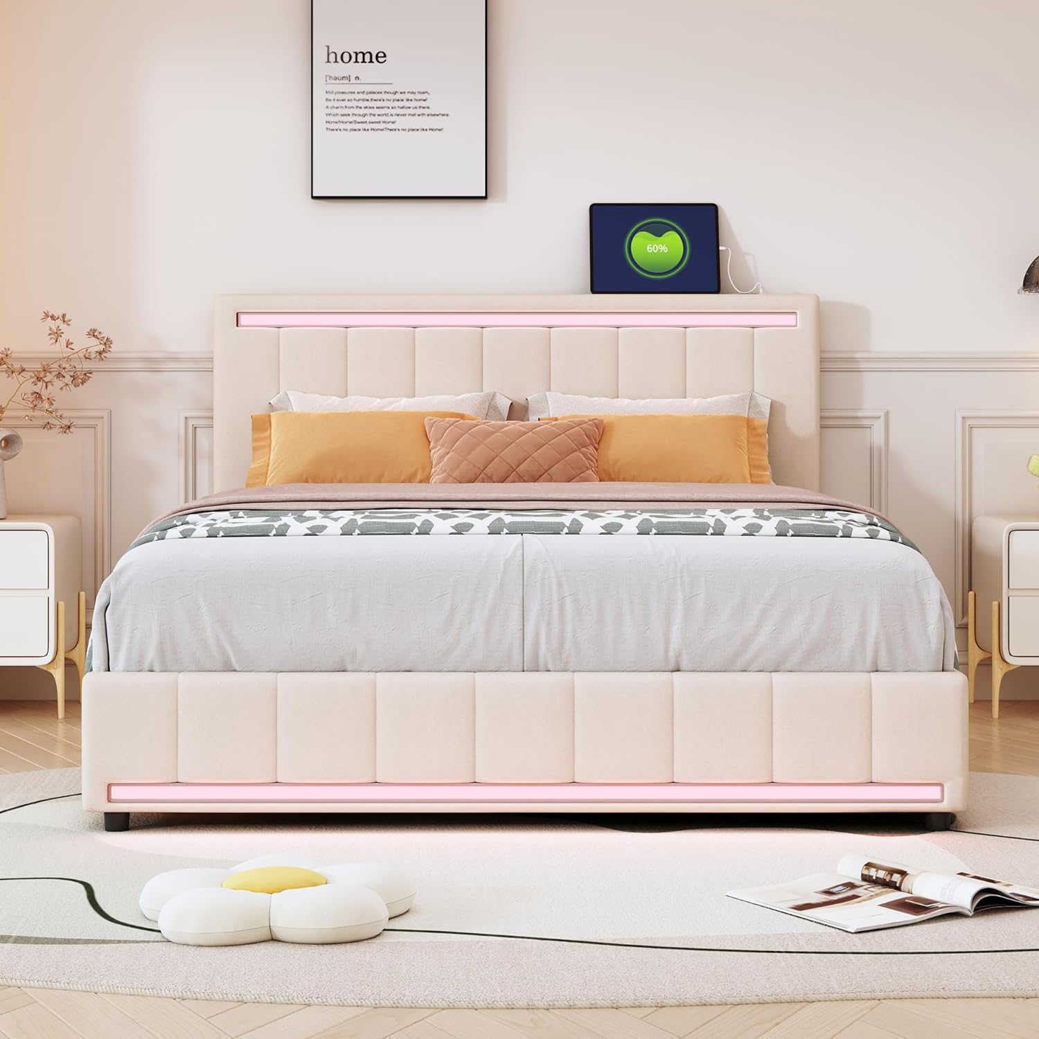 Queen LED Bed Frame With 4 Storage Drawers And USB Ports ,Modern Platform Bed Frame With LED Headboard And Footboard ,Linen Upholstered Storage Queen Bed,No Box Spring Needed,Beige