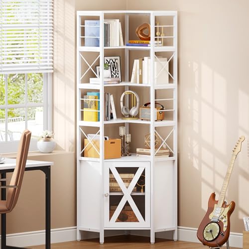 YITAHOME Corner Bookshelf with Storage, 7-Tier Corner Shelf with Doors, Large Corner Bookcase Display Rack for Living Room Bedroom Home Office, White