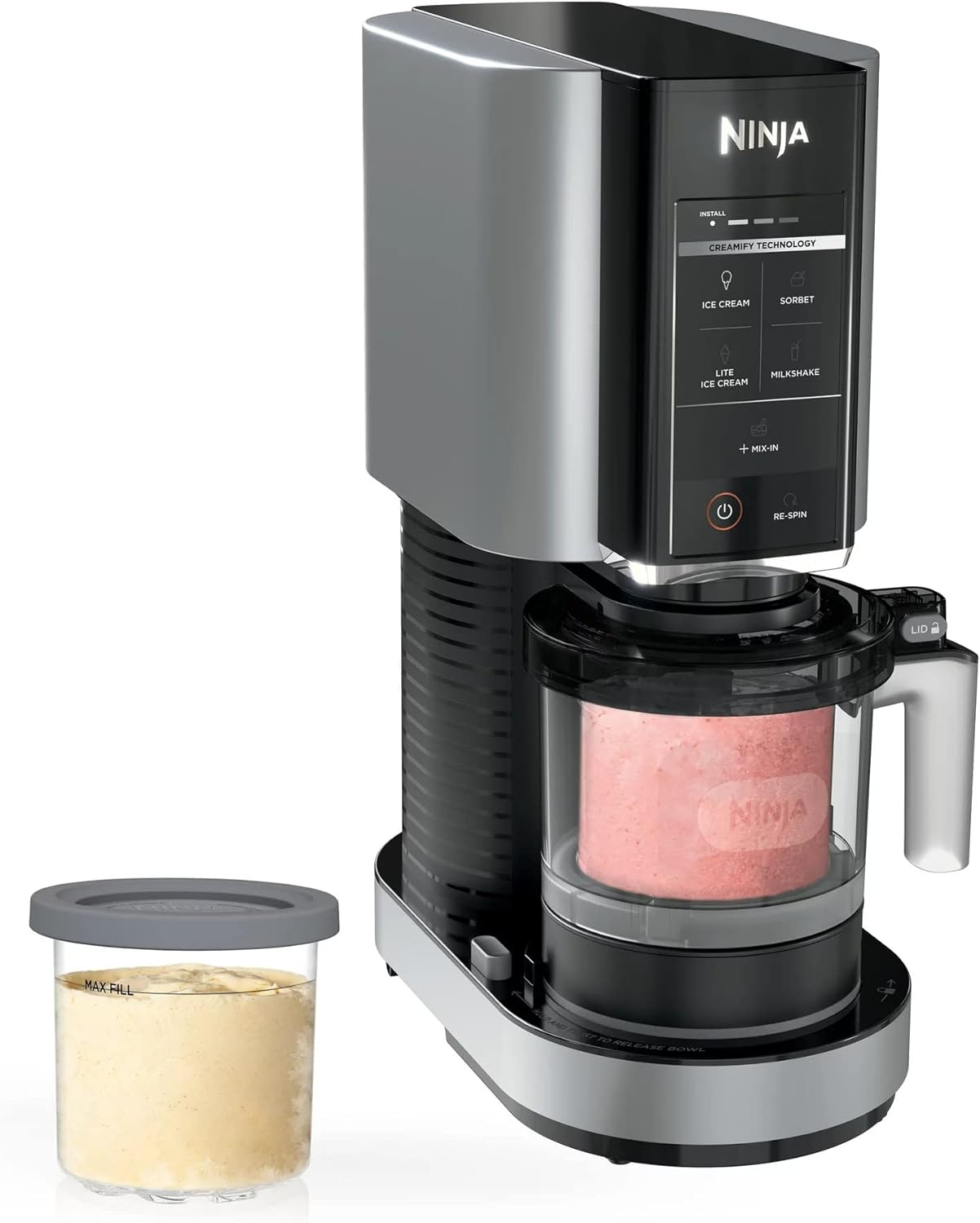 Ninja NC300 CREAMi Ice Cream Maker, for Gelato, Mix-ins, Milkshakes, Sorbet, Smoothie Bowls & More, 5 One-Touch Programs, with (2) Pint Containers & Lids, Compact Size, Perfect for Kids, Silver (Renewed)
