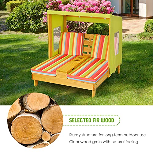 KOTEK Kids Lounge Chair Outdoor, Wood Double Chaise Lounge with Cup Holders, Removable Canopy & Stripped Fabric Cushions, Pool Kids Patio Furniture Cabana Lounger for Toddlers & Pets (Green+Orange)