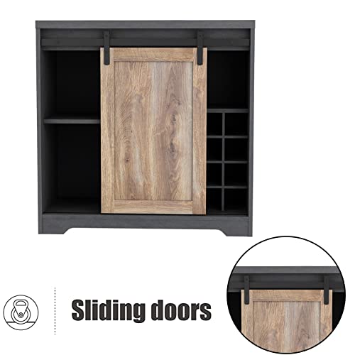 Farmhouse Coffee Bar Cabinet, Kitchen Hutch Storage Cabinet with Wine Rack Liquor Cabinet with Sliding Barn Door Wood Wine Cabinet Buffet Sideboard for Home, Living, Dining Room, Kitchen, Black