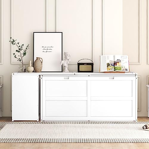 Murphy Bed with Storage Drawer, Easy Fold Wood Murphy Bed Queen with Side Little Shelves, Modern Murphy Bed Cabinet w/Rotable Desk for Guest Room Home Office, Gray