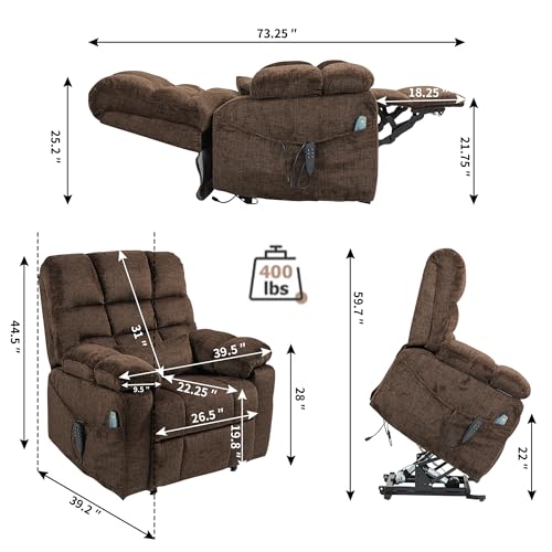 Light Grey Recliner Chair for Elderly | Tall and Big Man 400lbs | Chenille | Power Lift, Lay Flat, Stand Up, Wireless Charging Device, Extended Footrest, Massage Heat, Cup Holder, Lumbar Pillow