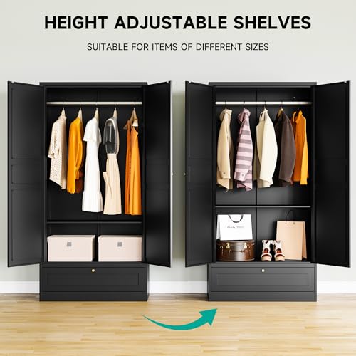 Metal Wardrobe Cabinet,Armoire Wardrobe Closet with doors,White Metal Clothing Storage Cabinet with Adjustable Shelves and Hanging Rod,72" Wardrobe Storage Cabinet for Home,Bedroom Armoires,Laundry