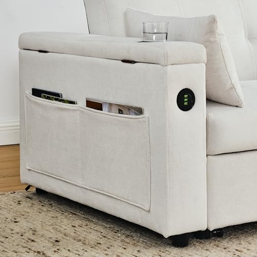 3 in 1 Convertible Sofa Bed 54" Pull Out Couch Bed Chenille 2-Seater Sleeper Sofa Bed with USB Power Outlet,Pillow and Side Pockets, Adjustable Backrest for Apartments, Office, Living Room (White)