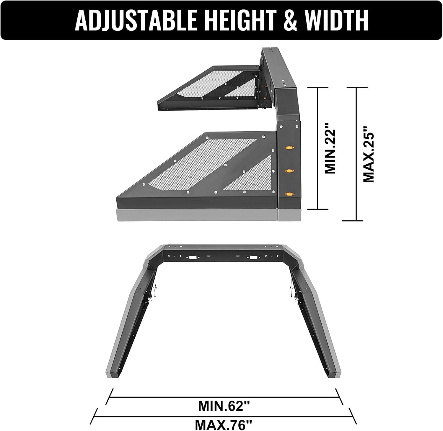VEVOR Truck Roll Bar Chase Rack Adjustable with 6 Amber Auxiliary Side Marker Lamps, Universal Fit for Pickup Trucks