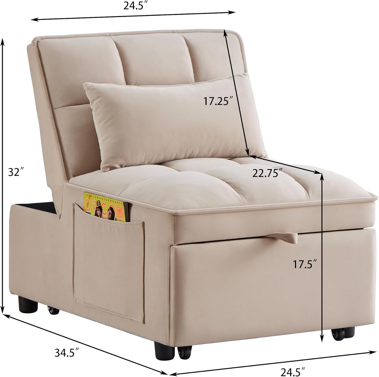 Convertible Sofa Bed, Multifunctional Sleeper Chair Bed, Convertible Reading Chair, 3 in 1 Folding Single Sofa Bed for Adults, Suitable for Living Room, Bedroom, Small Room (Gray)