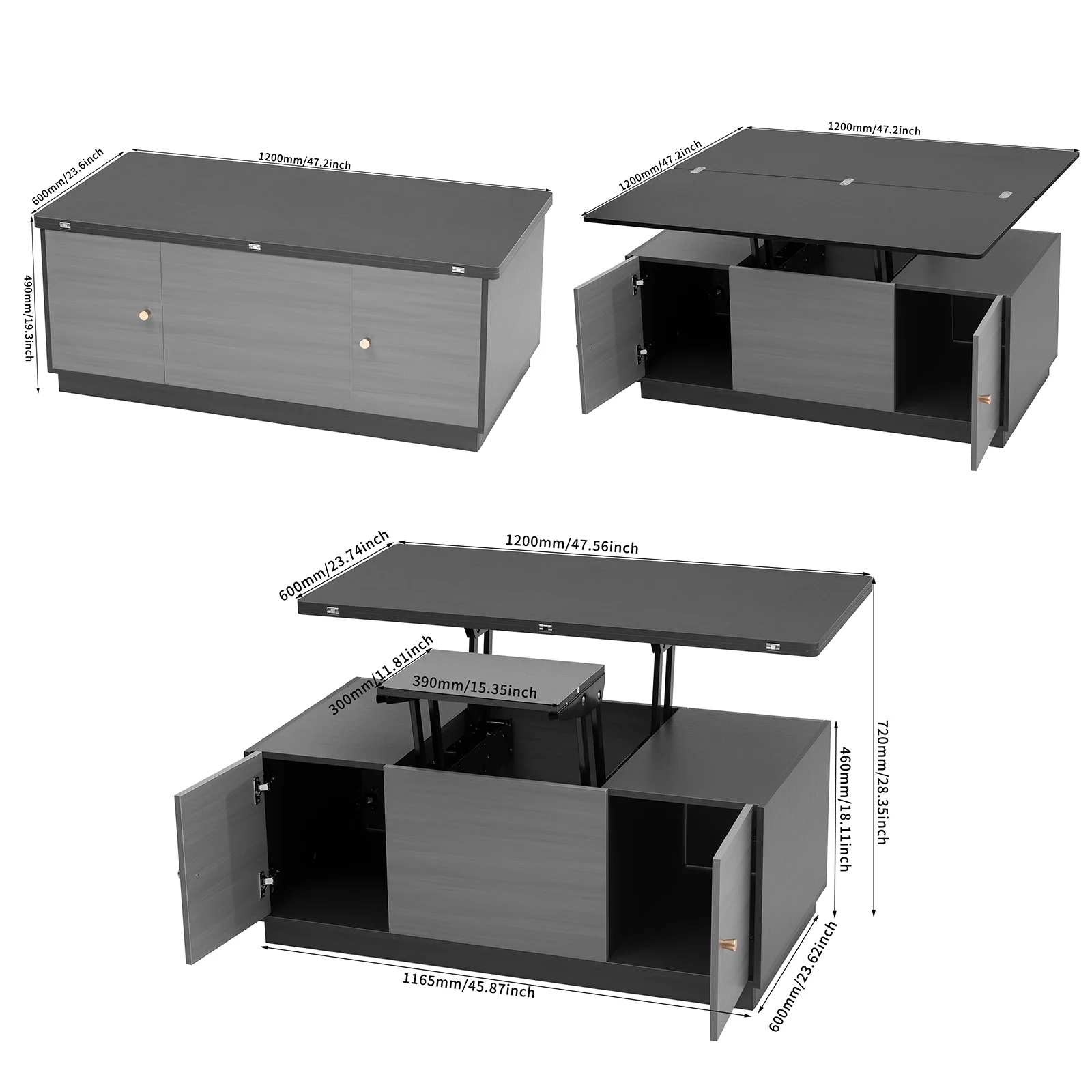 YISUYA Modern Multifunctional Coffee Table, Rectangle Lift-top Coffee Table, Gray Multi-Functional End Table with 2 Storage Cabinets and Hidden Storage, Can be Used as A Dining Table or Workspace