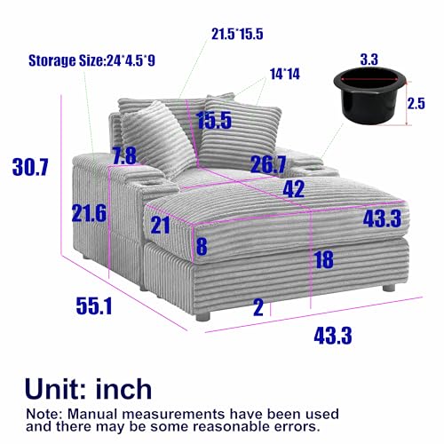 Oversized Chaise Lounge Sofa Chair with Movable Ottoman, 43.3" W Corduroy Upholstered Convertible Sleeper Corner Sofabed with Detachable Seat&Back Cushion for Living Room Office, Grey