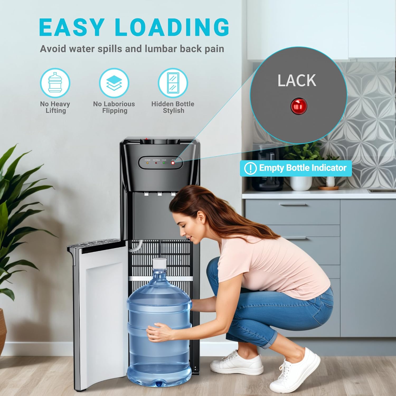Bottom Loading Water Cooler Dispenser Hot Cold & Room Temp Water Dispenser for 3 or 5 Gallon Bottles, Empty Bottle Indicator, Child Safety Lock, Ideal for Home, Office, Living Room
