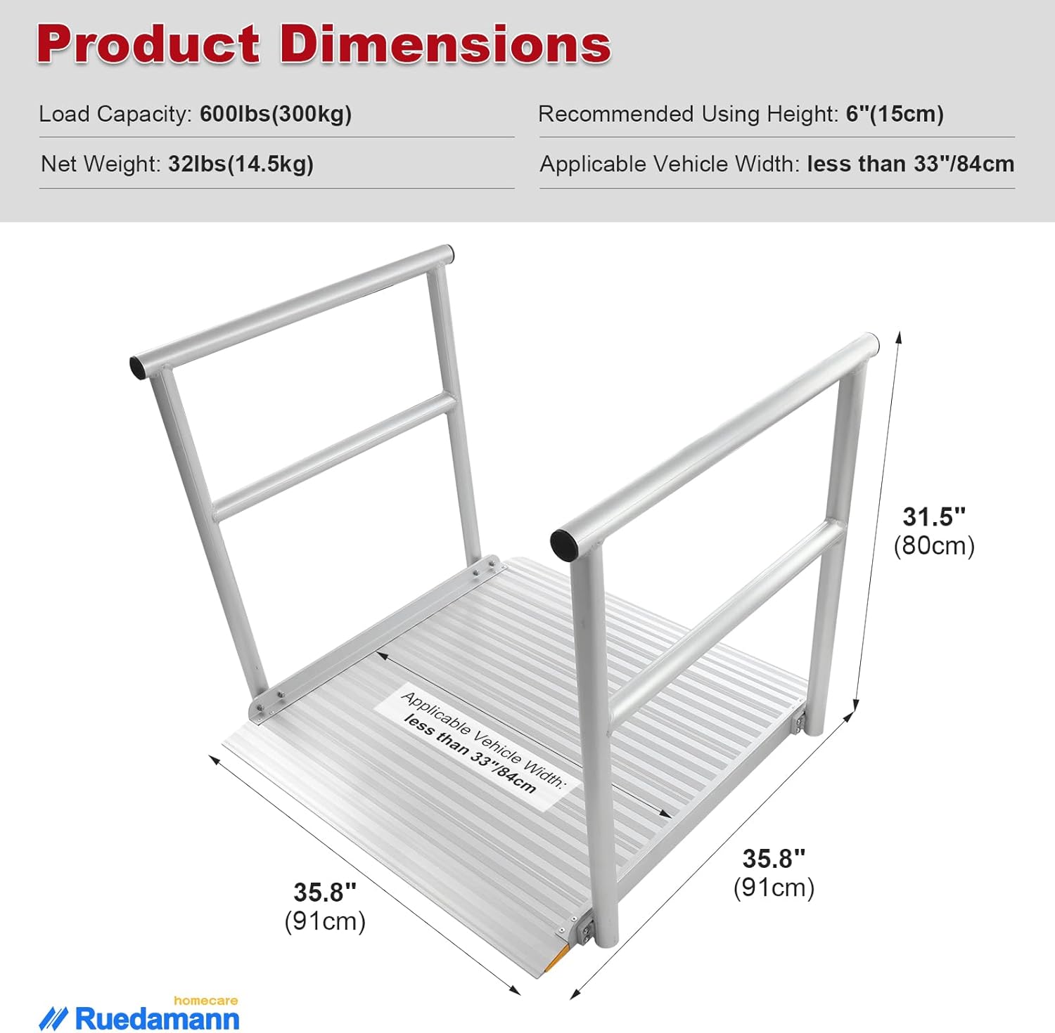 Ruedamann 3'L x 36" W Aluminum Wheelchair Ramp with Handrails, 600 Lbs Capacity Threshold Ramp for Home Steps Stairs Curbs, Non-Slip Access Ramp, Doorway Ramp for Wheelchairs Scooters Carts Walkers
