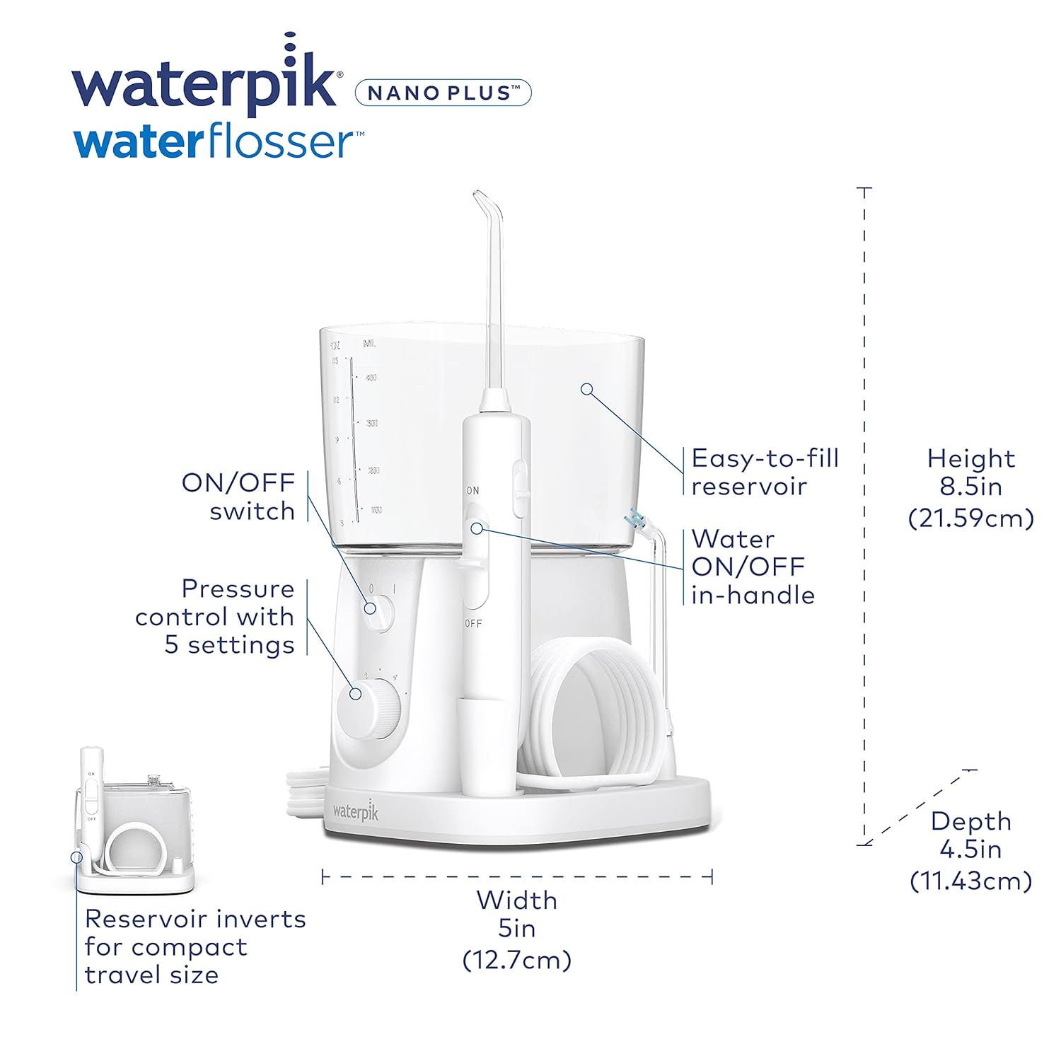 Waterpik Water Flosser For Teeth, Portable Electric Compact For Travel and Home - Nano Plus, WP-320, White