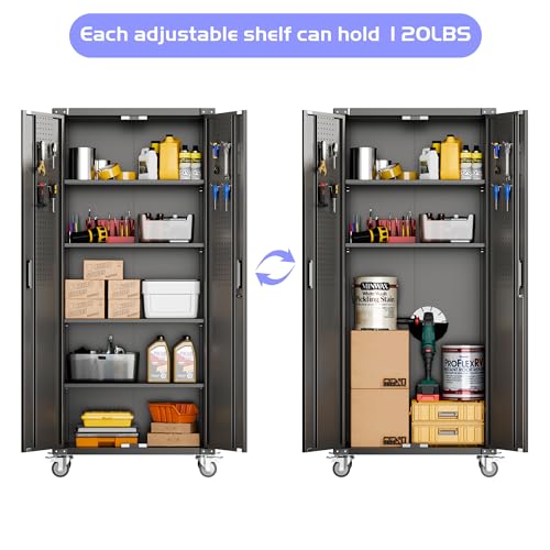 Aobabo Garage Storage Cabinet with Wheels,72" H Metal Storage Cabinet with 2 Doors and 4 Adjustable Shelves for Garage Home, Black,Required-Assembly