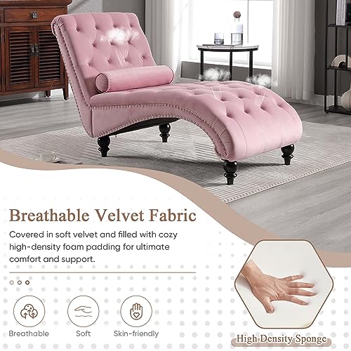 Chaise Lounge Chair Indoor, Modern Button Tufted Velvet Upholstered Leisure Accent Chair with Solid Wood Legs & Lumbar Pillow, Recliner Sofa Single Sleeper Sofa for Living Room, Bedroom, Pink