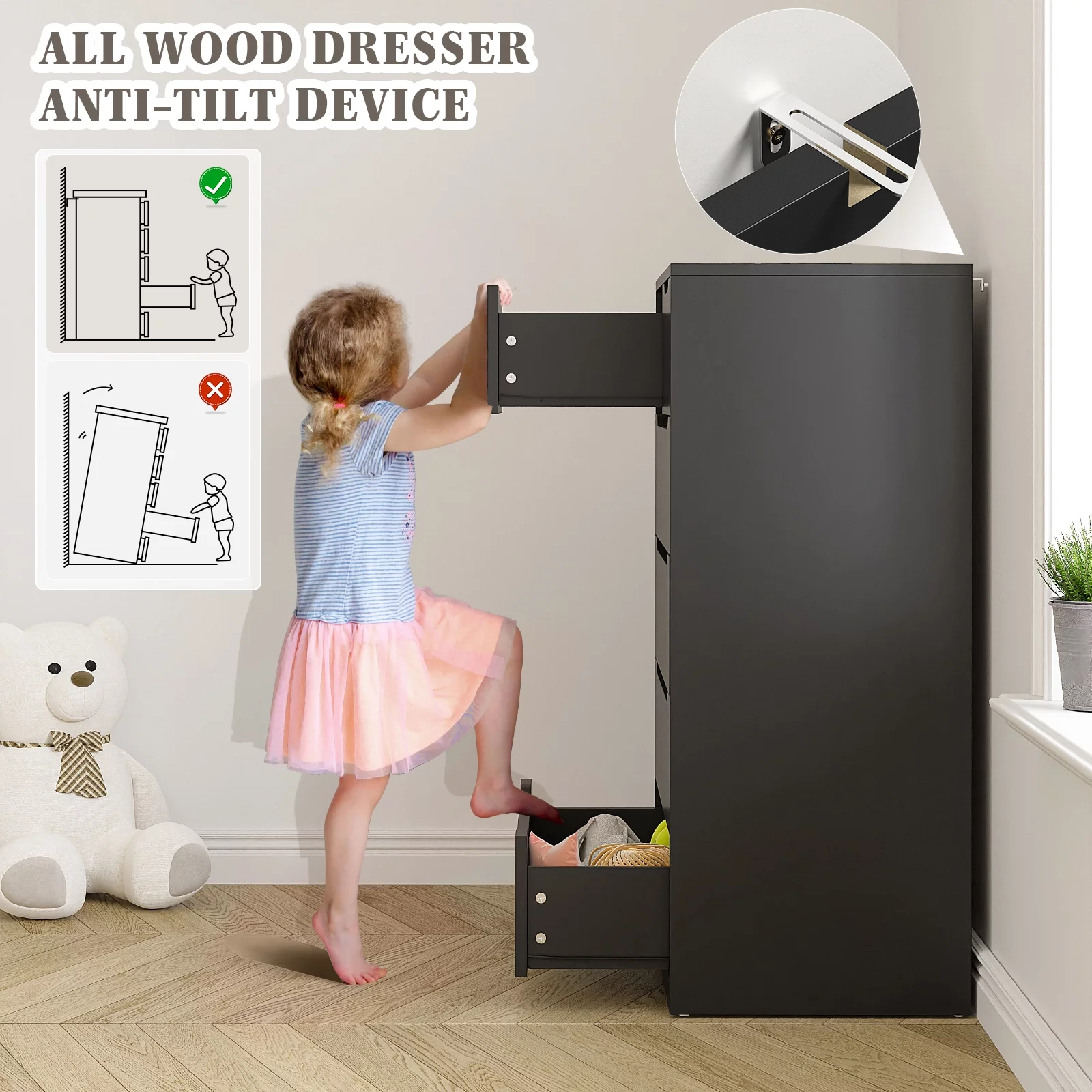EnHomee Black Tall Dresser Wood 6 Drawer Dressers for Bedroom Wood Chest of Drawers with Smooth Metal Rail Large Dresser Modern Storage Cabinet for Home Office Living Room, 43.3"H x 27.5"L x 15.7"D