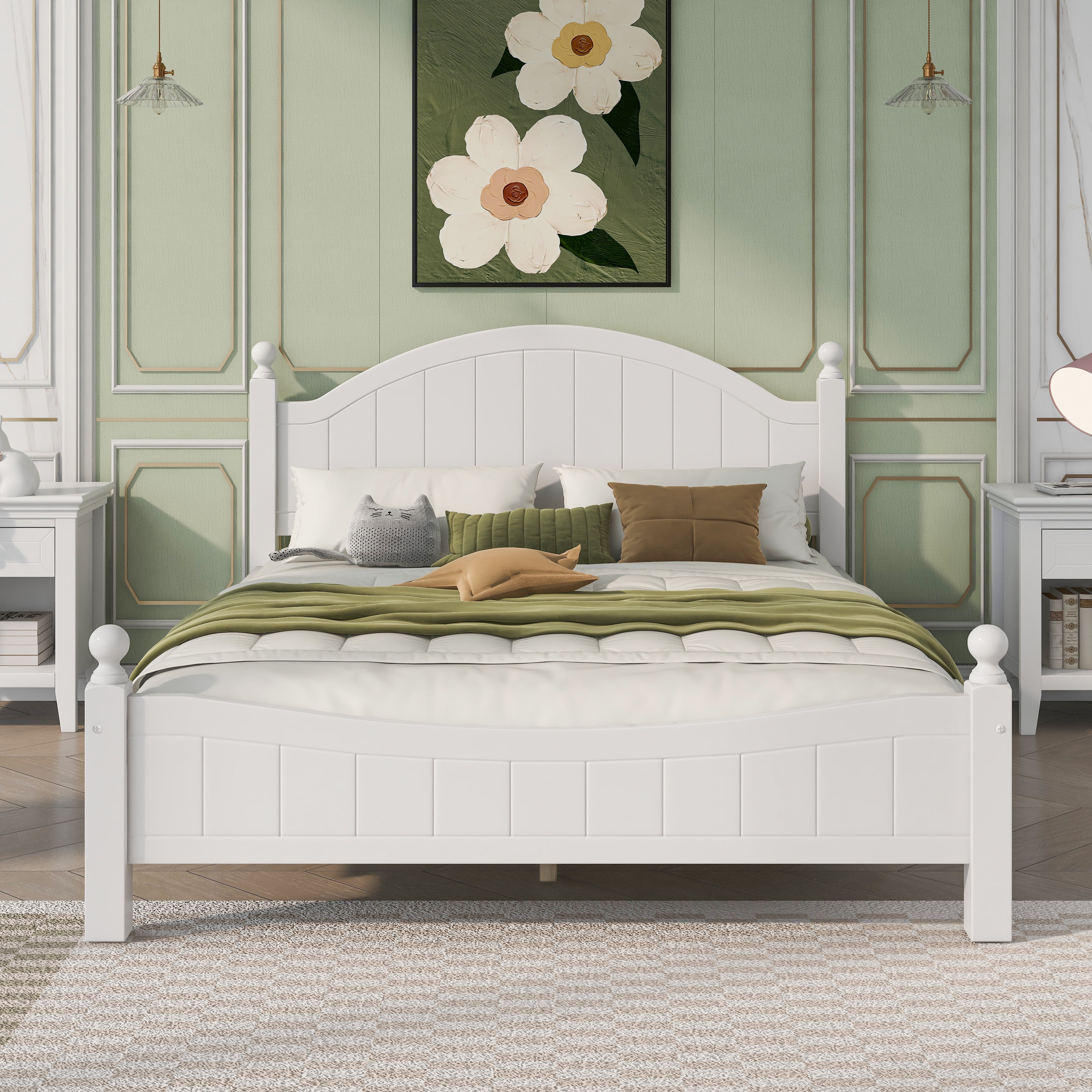 Paproos Queen Size Bed Frame, Solid Wood Platform Bed with Headboard and Footboard, No Box Spring Needed, White