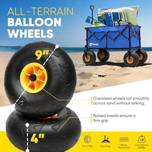 Heavy Duty Beach Wagon with 9" Big Sand-Proof Wheels – 440lb Capacity, Sekey 200L Oversized Foldable Cart | Adjustable Handle & All-Terrain Tires for Sand, Camping, Groceries. Blue&White